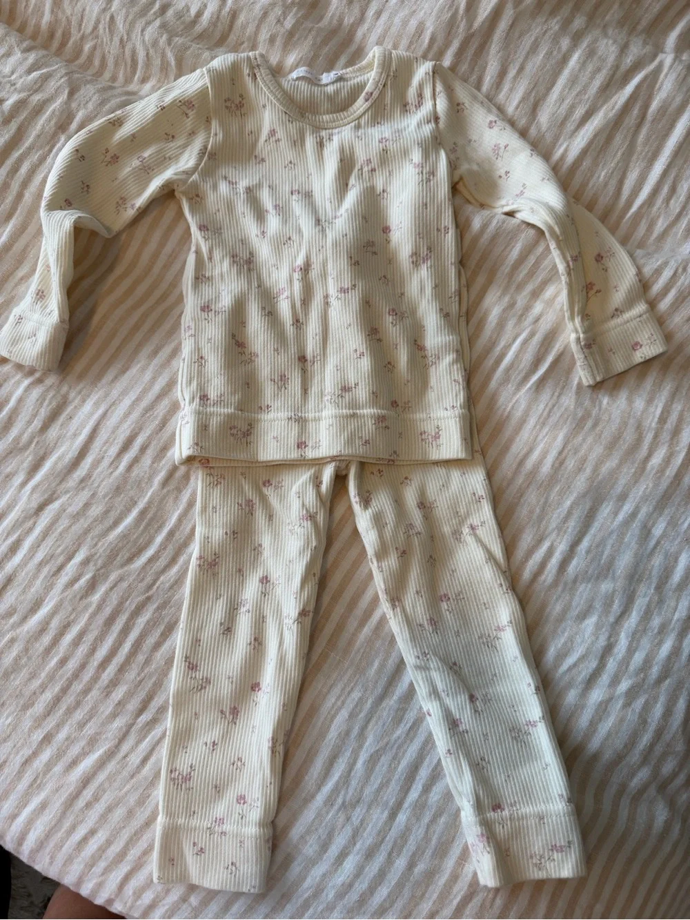 Kids Cream Floral Ribbed Set